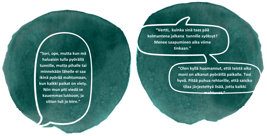 Kuvassa on sinivihreillä taustoilla puhekuplin merkitty opettajan ja oppilaan välinen keskustelu alueen pyöräpaikkojen vähyydestä.