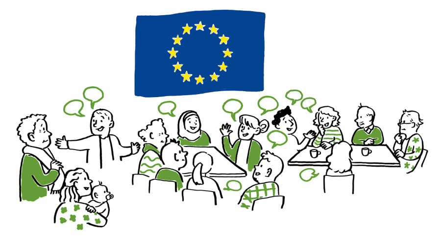 Piirroskuva henkilöistä tekemässä yhteistyötä pöytien ääressä. Kuvan yläosassa EU:n lippu.
