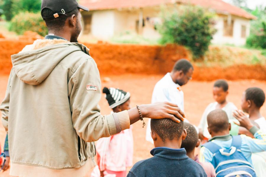 Teacher with students outside