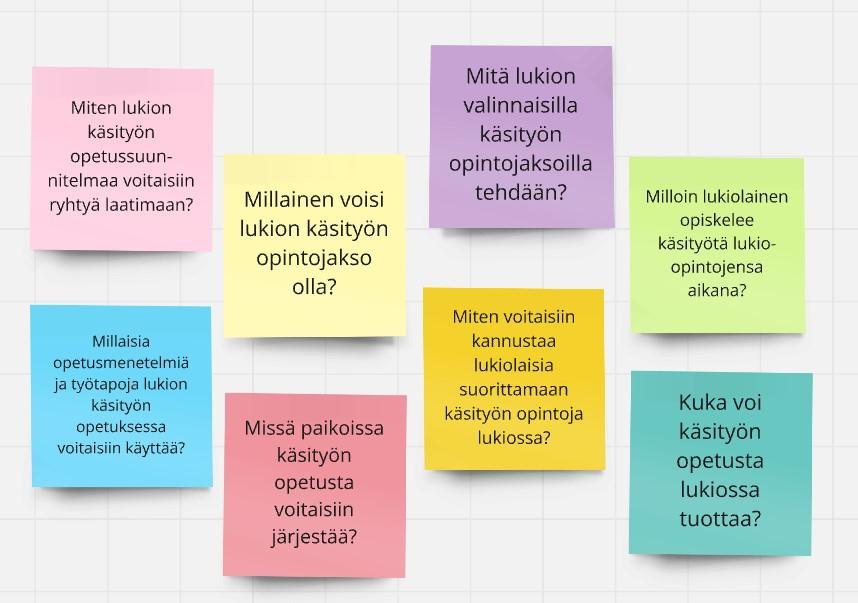Kuvituskuva: kuvassa kysymykset, joiden kautta käsityön järjestämistä voi lukion opetussuunnitelmatekstissä lähestyä. Kysymykset avataan tekstissä laajemmin. 
