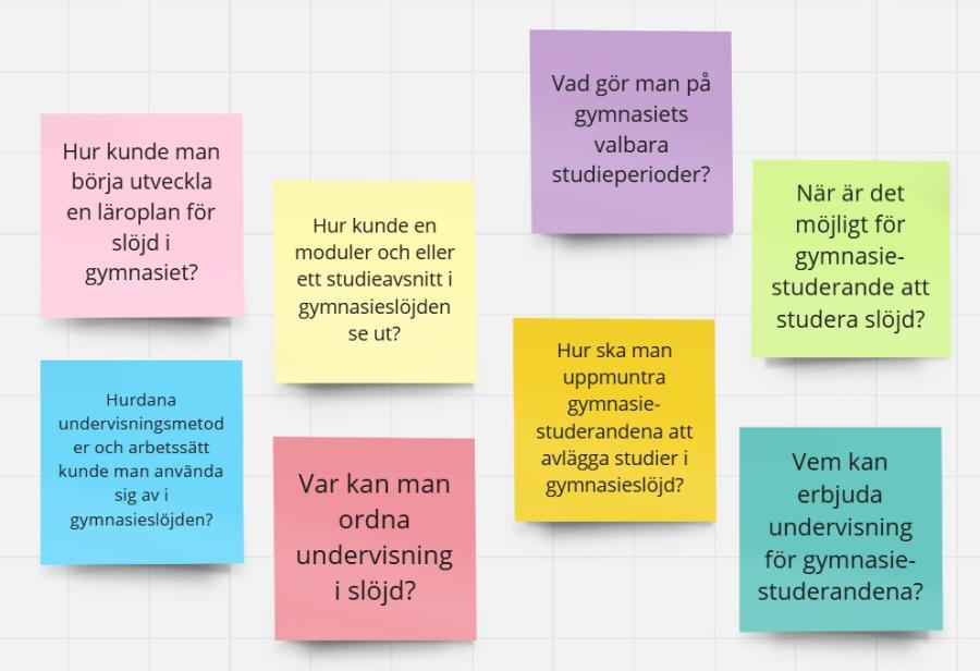 Illustration: I illustrationen finns frågor som kan användas som stöd då slöjd i gymnasiet planeras. Frågorna förklaras mer ingående i texten. Materialet publiceras på svenska inom februari.