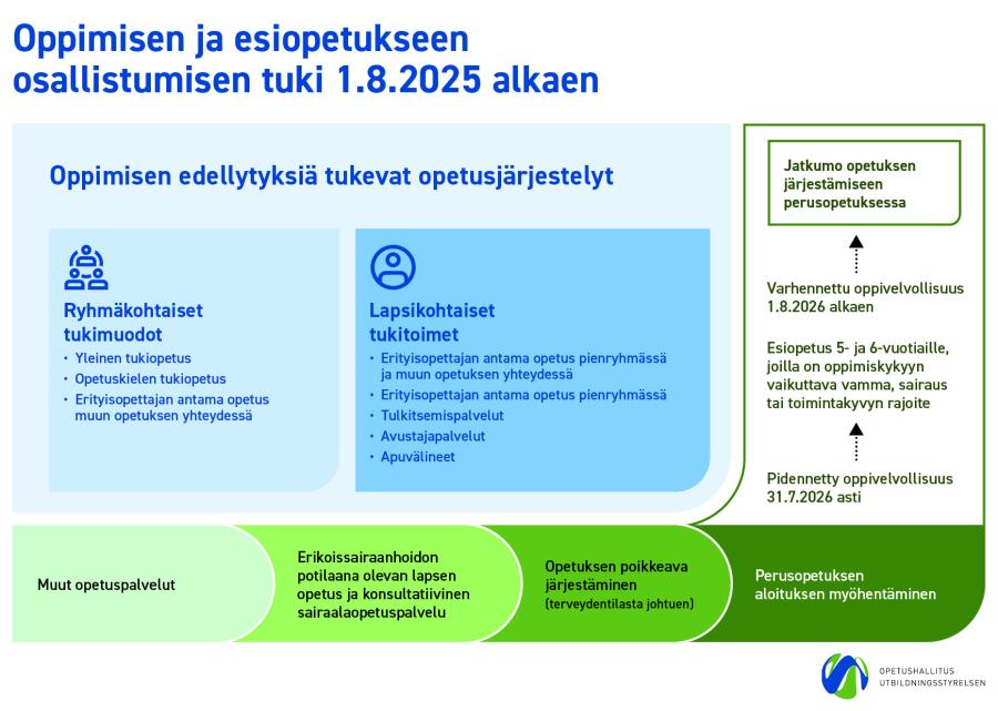 Kuvaan on koottu esiopetuksen opetussuunnitelman perusteiden luvun 5 keskeiset sisällöt tuen ja esiopetuksen poikkeavaa järjestämistä koskevien elementtien osalta.