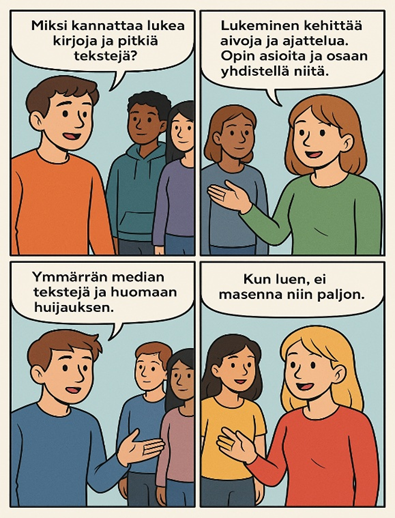 Sarjakuva, jossa oppilaat keskustelevat kirjojen ja pitkien tekstien lukemisesta.