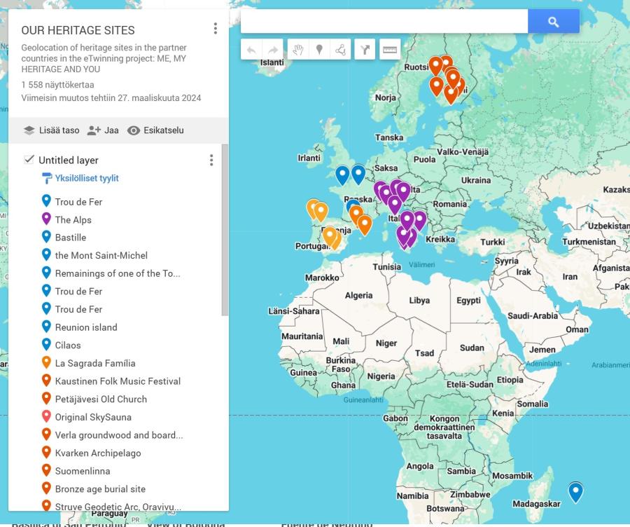 Jaettu GoogleMaps-kartta, jonne oppilaat kokosivat tietoa maailmanperintökohteista.