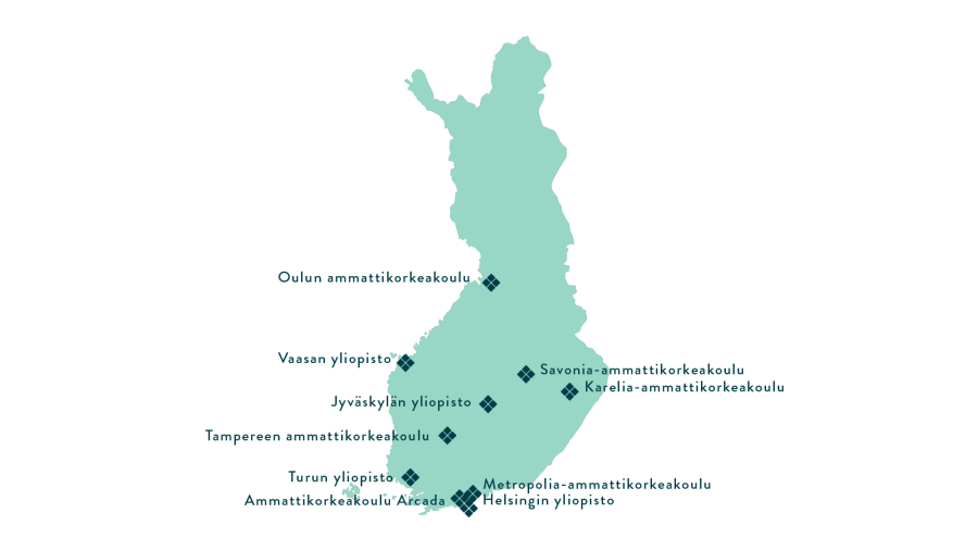 SIMHE-vastuukorkeakoulut kartalla.