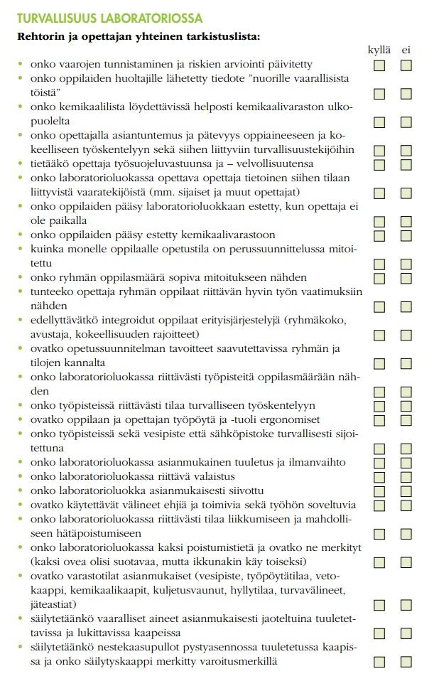 Kuvassa on rehtorin ja opettajan yhteinen tarkistuslista ennen luonnontieteellisten töiden aloittamista.