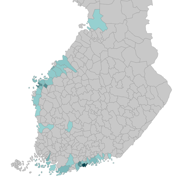 De svenska gymnasiernas geografiska placering i de olika regionerna och kommunerna i Finland, främst i Österbotten och Nyland, men också i Egentliga Finland och på språköarna. Informationen framgår av texten före kartan. 