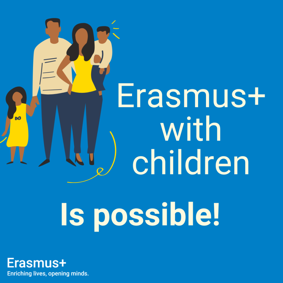 Blue background with a illustrated picture of a family on the top corner. Text stating "Erasmus+ with children is possible!"