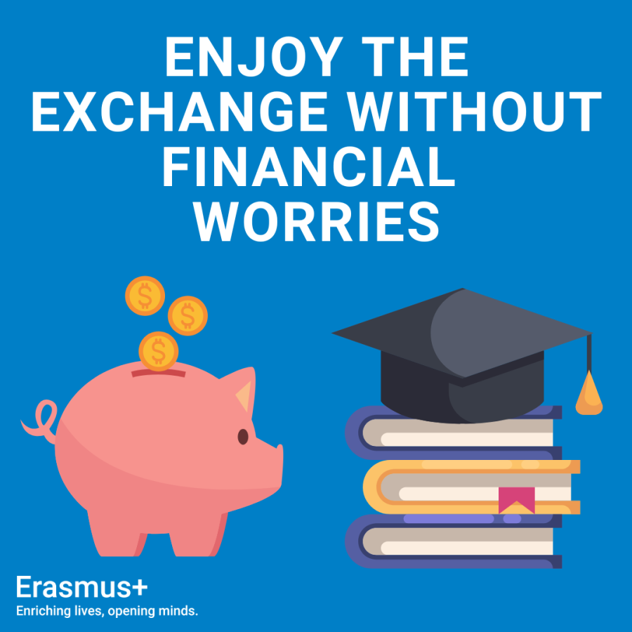 Illustration of a piggy bank and a pile of books having a graduation hat on top. Text: “enjoy your exchange without financial worries.”