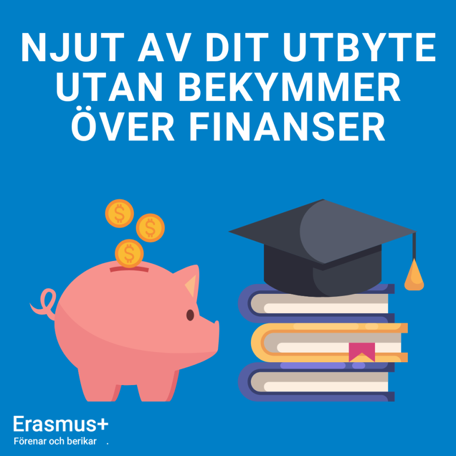 Illustration av en spargris och en hög med böcker med en examenshatt ovanpå. Text: "Njut av dit utbyte utan bekymmer över finanser"