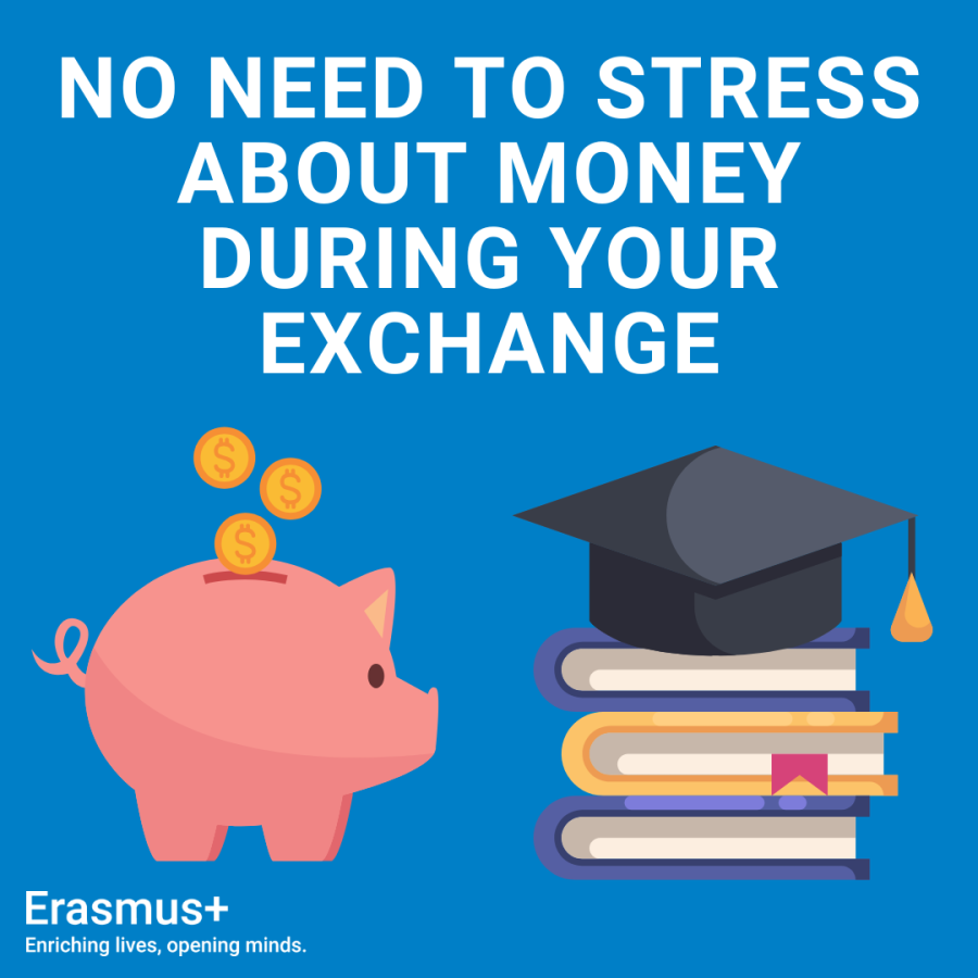 Illustration of a piggy bank and a pile of books having a graduation hat on top. Text: “No need to stress about money during your exchange.”