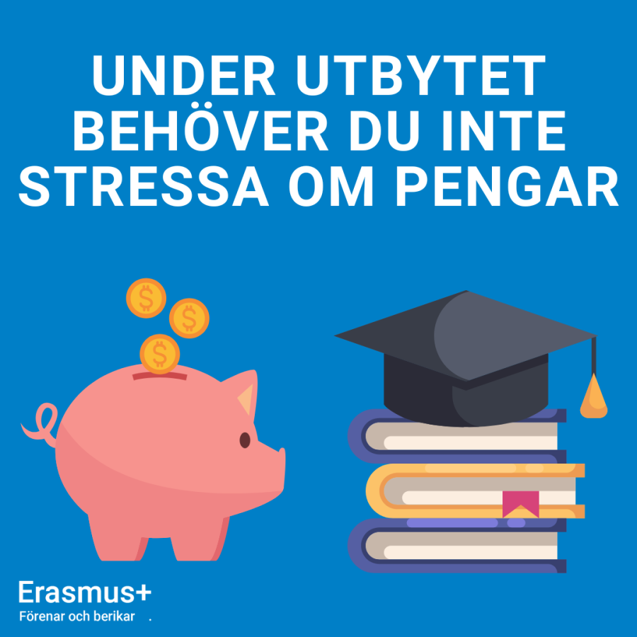 Illustration av en spargris och en hög med böcker med en examenshatt ovanpå. Text: "Under utbytet behöver du inte stressa om pengar"
