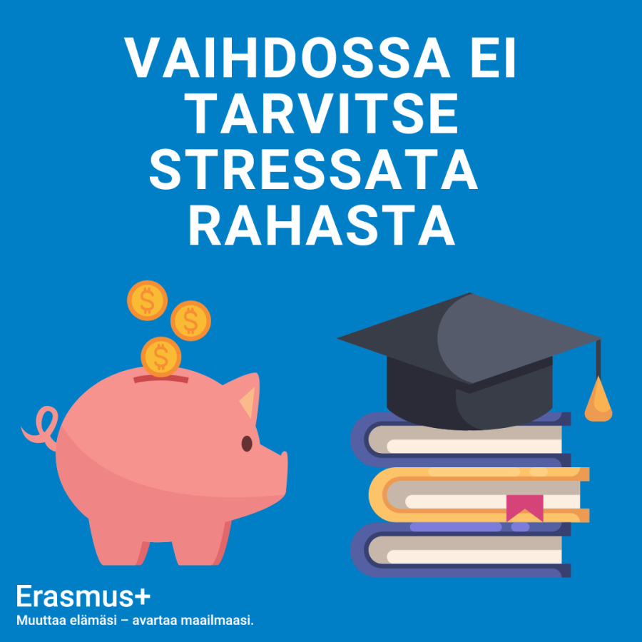 Sinisellä taustalla kuvituskuvat säästöpossusta ja kirjapinosta, jonka päällä on musta valmistujaislakki tupsulla. Teksti: "Vaihdossa ei tarvitse stressata rahasta."