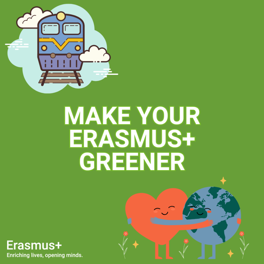 Green background with illustrations of a train and a globe embracing a heart. Text: “Make your Erasmus+ greener.”