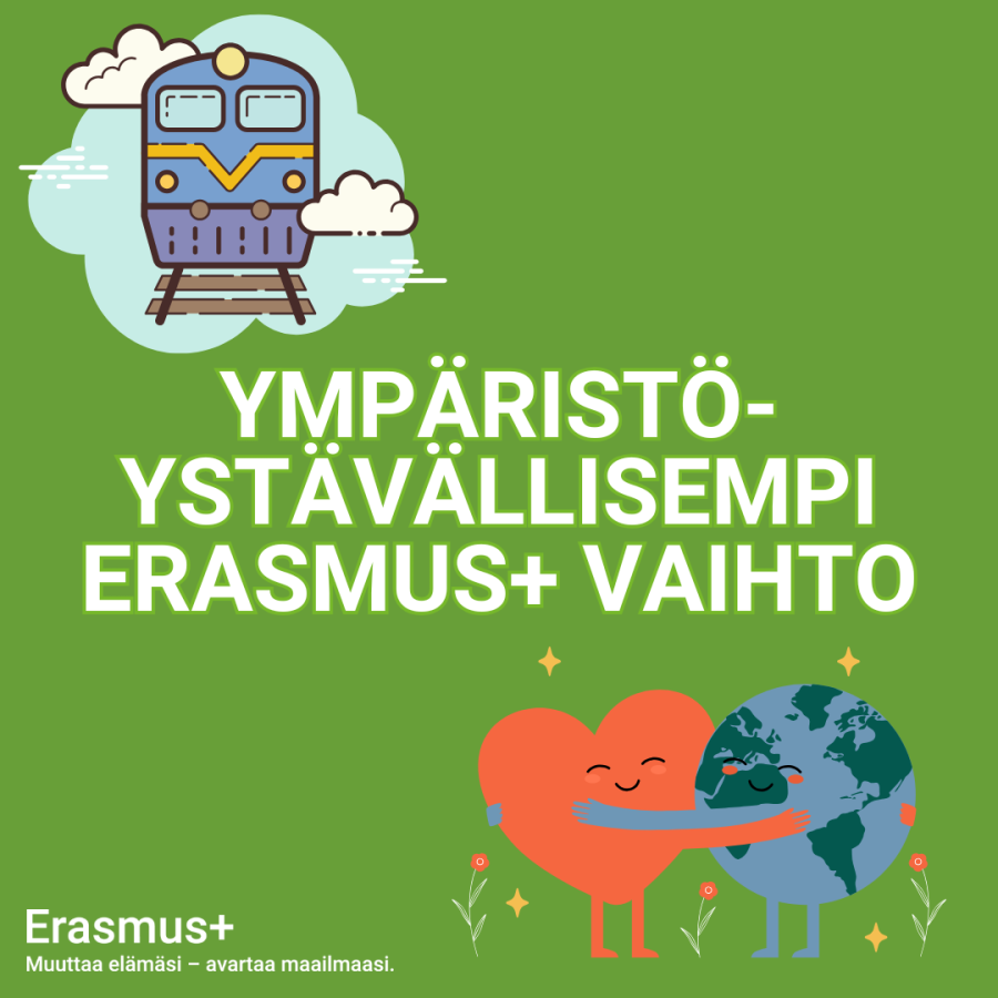 Vihreällä taustalla kuvituskuvat junasta sekä sydäntä halaavasta maapallosta. Teksti: "Ympäristöystävällisempi Erasmus+ vaihto."