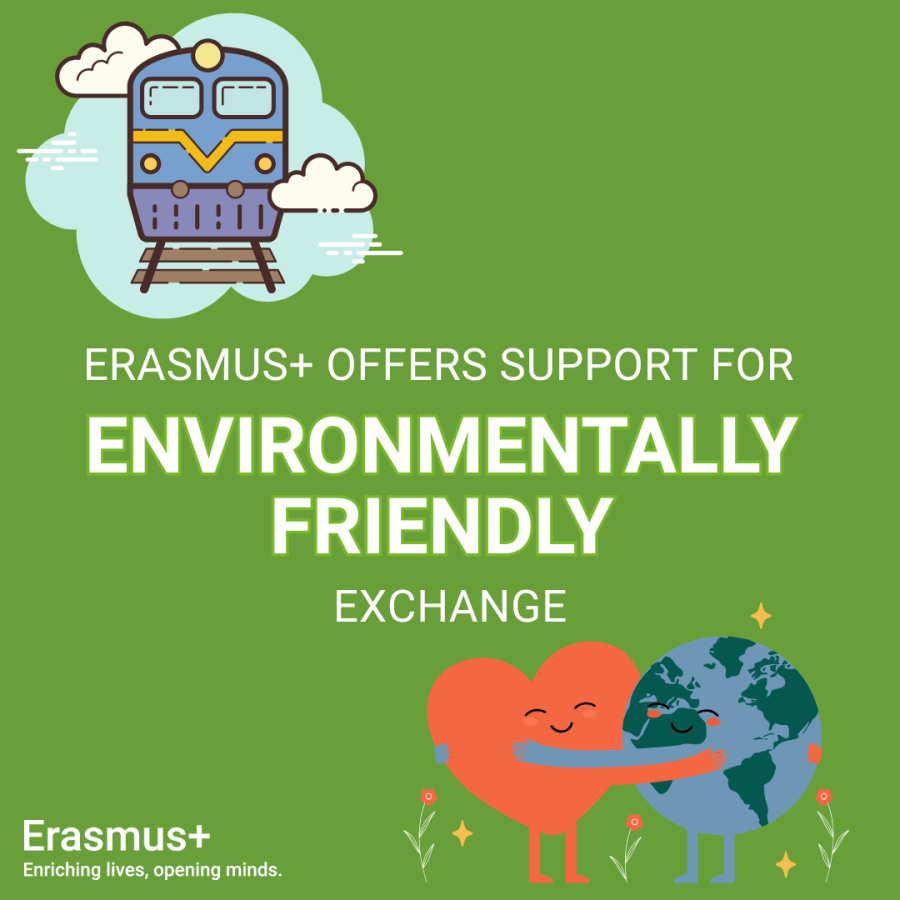 Green background with illustrations of a train and a globe embracing a heart. Text: “Erasmus+ offers support for environmentally friendly exchange.”