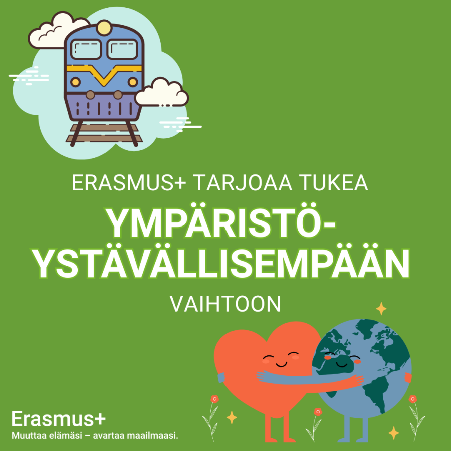 Vihreällä taustalla kuvituskuvat junasta sekä sydäntä halaavasta maapallosta. Teksti: "Erasmus+ tarjoaa tukea ympäristöystävällisempään vaihtoon."