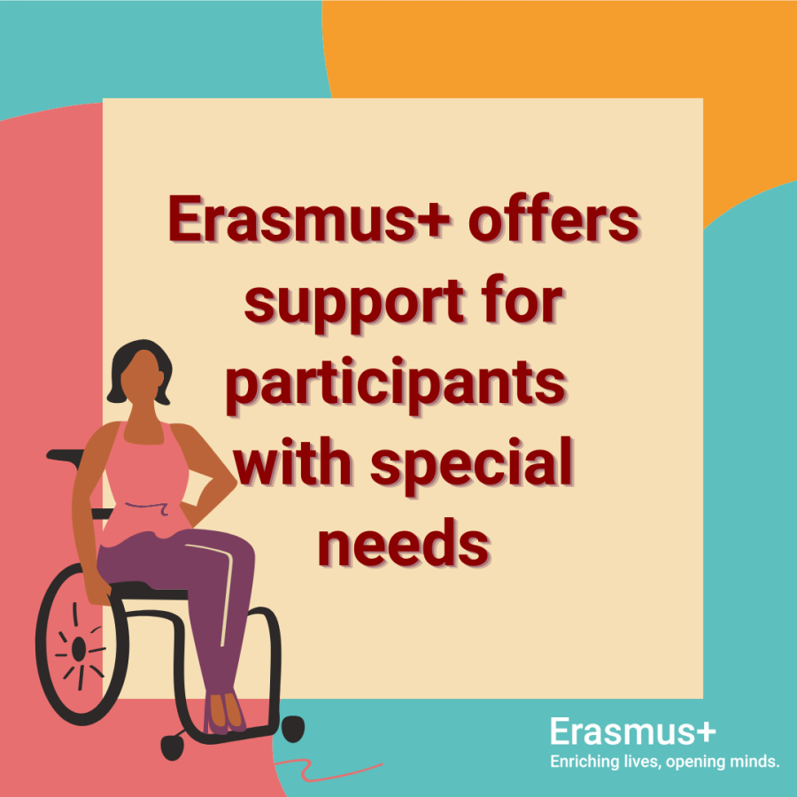 Illustration of a person using a wheelchair. Text: “Erasmus+ offers support for participants with special needs.”