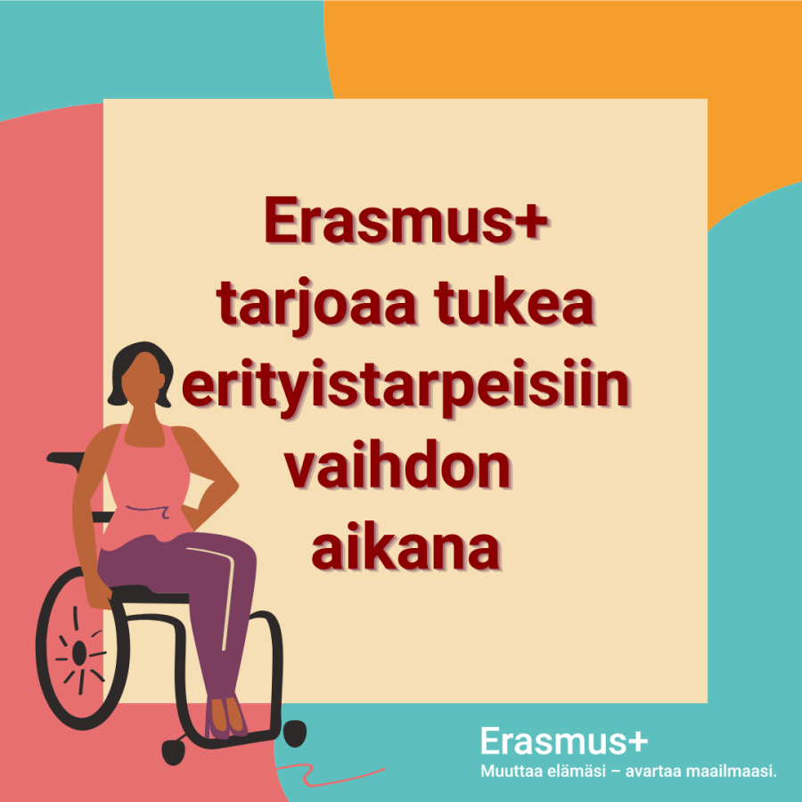 Kuvituskuva pyörätuolia käyttävästä henkilöstä. Teksti: "Erasmus+ tarjoaa tukea erityistarpeisiin vaihdon aikana."