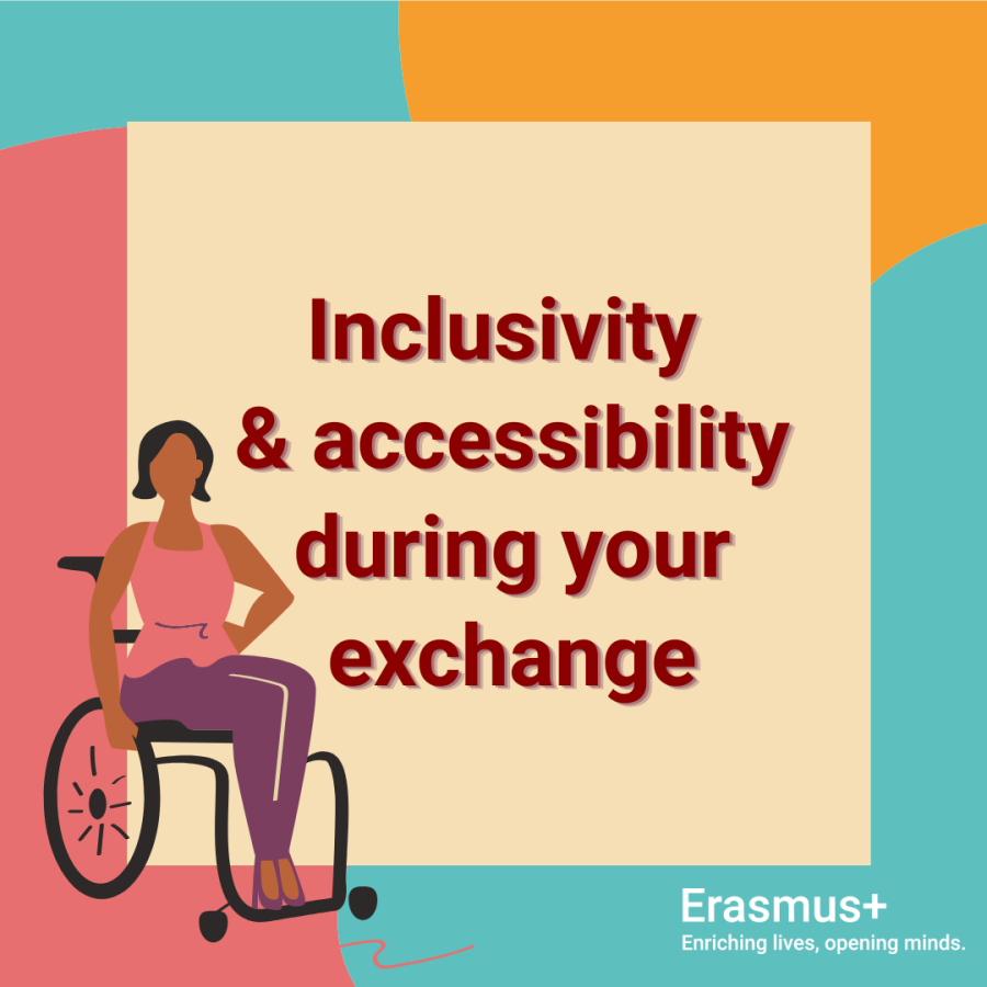 Illustration of a person using a wheelchair. Text: “Inclusivity & accessibility during your exchange.”