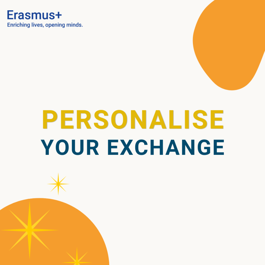White background with two yellow shapes on the corner. Text stating "personalise your exchange"
