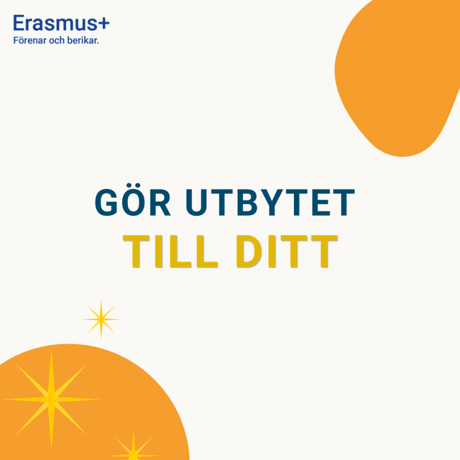 Vit bakgrund med två gula figurer i hörnet. Text: ”Gör utbytet till ditt"