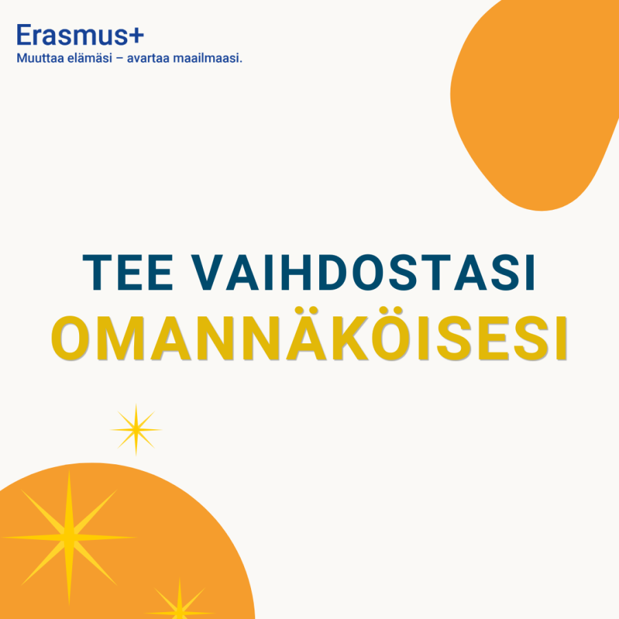 Valkoisella taustalla kaksi keltaista kuviota nurkissa. Teksti: "Tee vaihdostasi omannäköisesti"