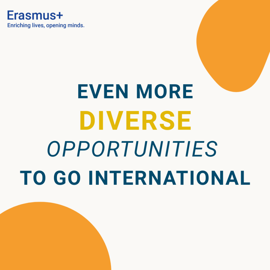 White background with two yellow shapes on the corner. Text stating "Even more diverse opportunities to go international"