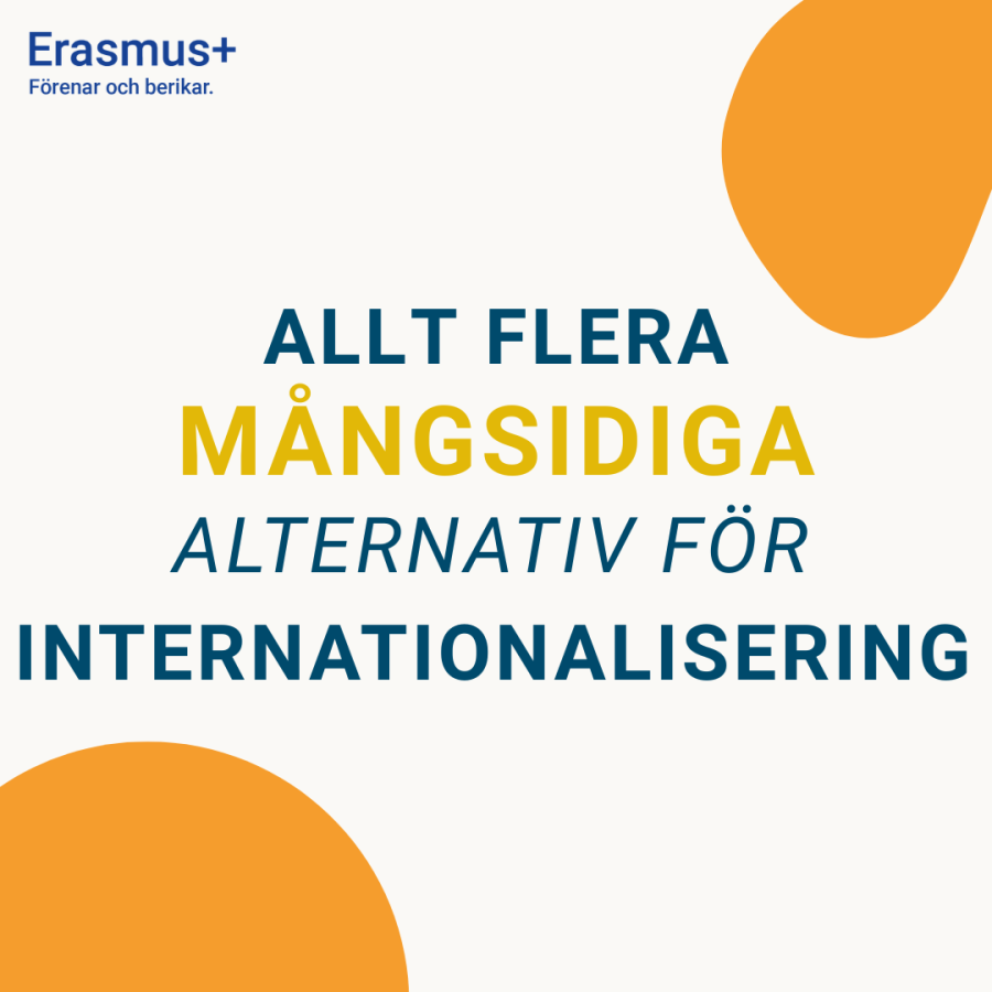 Vit bakgrund med två gula figurer i hörnet. Text: ”Allt flera mångsidiga alternativ för internationalisering”
