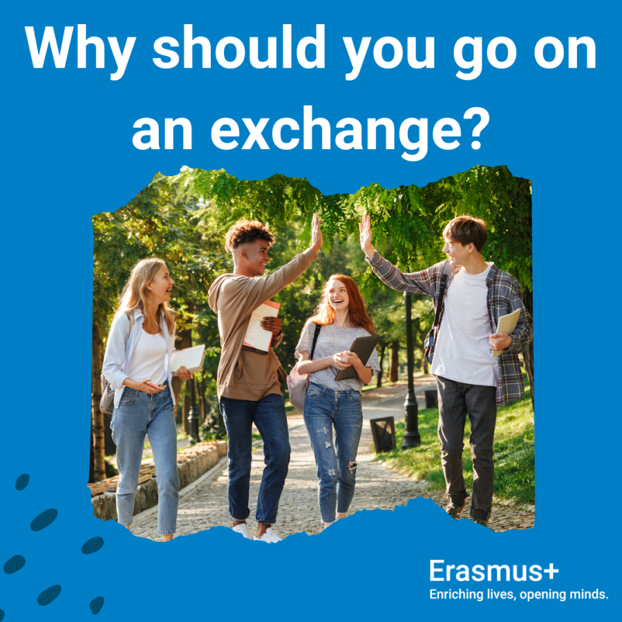 Blue background with a picture of four people walking in the park with books in their hand. Two people high-five. Text stating "Why should you go on an exchange?"