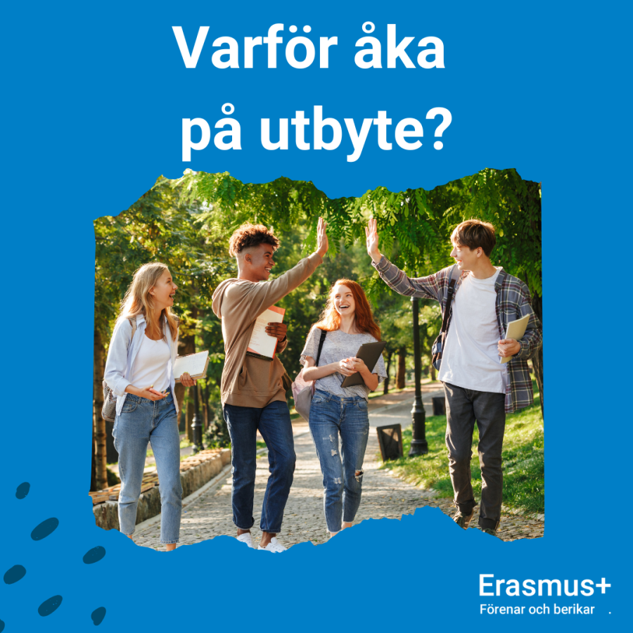 Fyra personer som promenerar i parken med böcker i handen. Två personer ger varandra en high-five. En text som lyder: ”Varför åka på utbyte?”