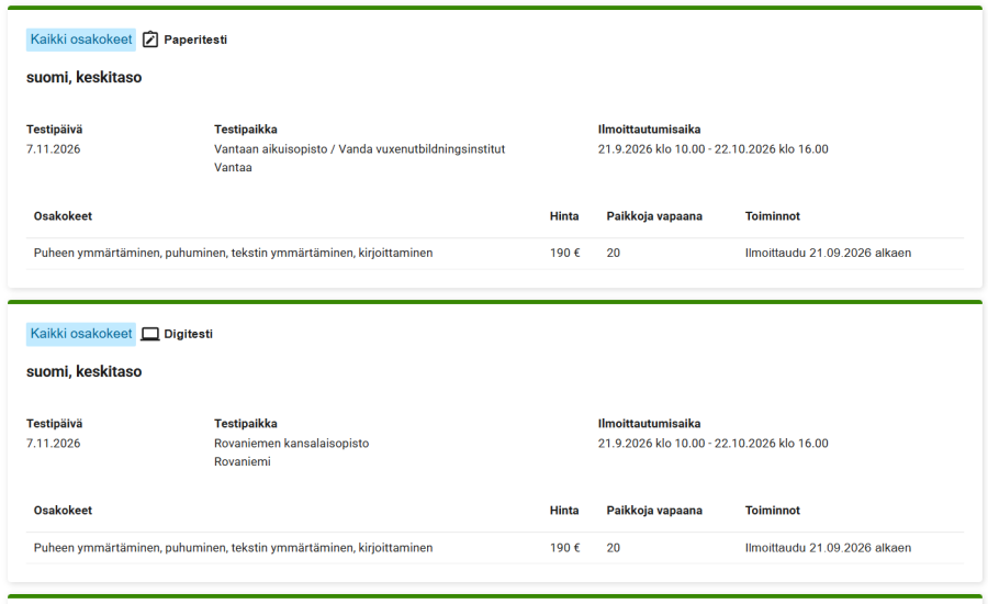 Kuva ilmoittautumisjärjestelmästä. Kuvassa näkyy marraskuun testipäivänä järjestettävä digitesti sekä paperitesti.