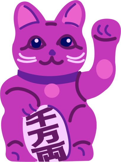 Yksinkertaisessa, purppurasävyisessä piirroskuvassa on japanilainen "kutsuva kissa" eli Maneki neko.