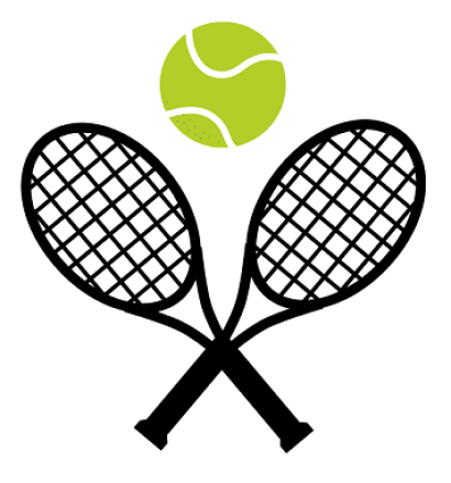 Piirroskuva ristikkäin olevista tennismailoista ja tennispallosta