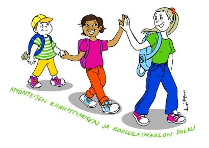 Piirretty kuva, jossa kolme eri ikäistä lasta seisoo jonossa ja pitää toisiaan käsistä kiinni. Maassa heidän jalkojensa juuressa lukee teksti myönteisen kiinnittymisen ja koululäsnäolon polku.