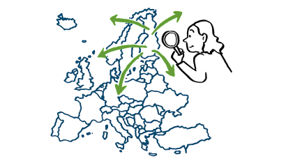 Piirroskuva henkilöstä tutkimassa Euroopan karttaa.