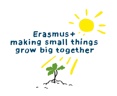 Piirroskuva auringosta ja puusta sekä teksti "Erasmus+ making small things grow big together".