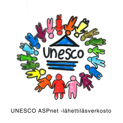 Kuvassa on UNESCO-lähettiläsverkoston logo, jossa on ihmisiä UNESCO-tekstin ympärillä.