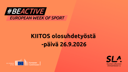 Kuvan yläreunassa on Euroopan urheiluviikon logo ja keskellä lukee tapahtuman nimi. Alareunassa näkyvät Euroopan komission ja Suomen liikunnan ammattilaiset ry:n logot.